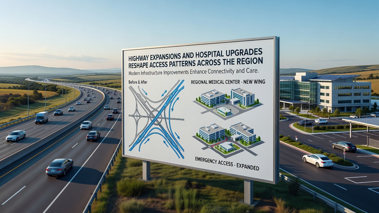Construction equipment and medical staff coordinating at a new hospital entrance connected directly to the expanded highway off-ramp